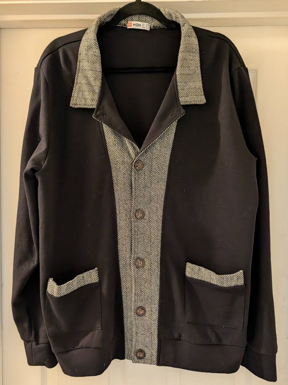 H2H Woman's Casual Knit Cardigan Jacket with Herringbone Trim